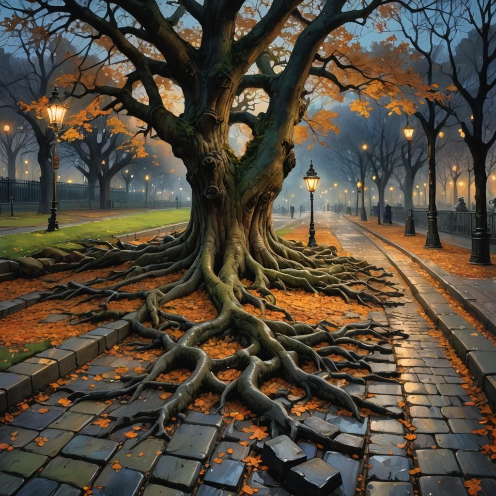 Old Oak Roots Disrupt Cobblestone Path at Dusk