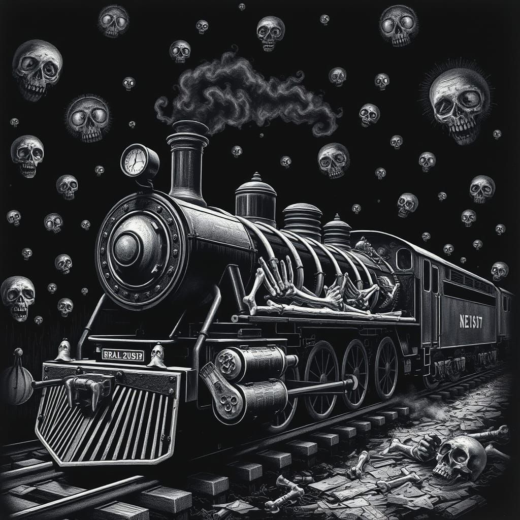 Surreal Skeletal Train in Black and White