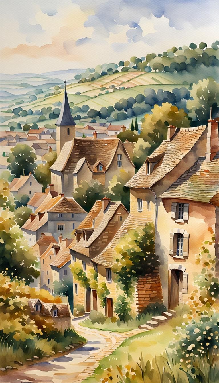 Charming Medieval Village in France as Watercolor