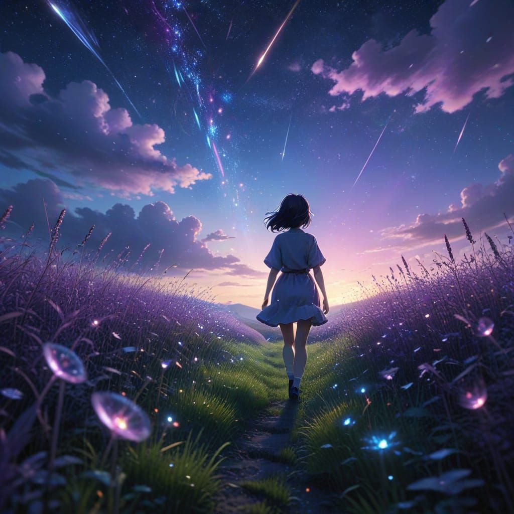 Anime Girl in Grassy Field Under Starry Sky