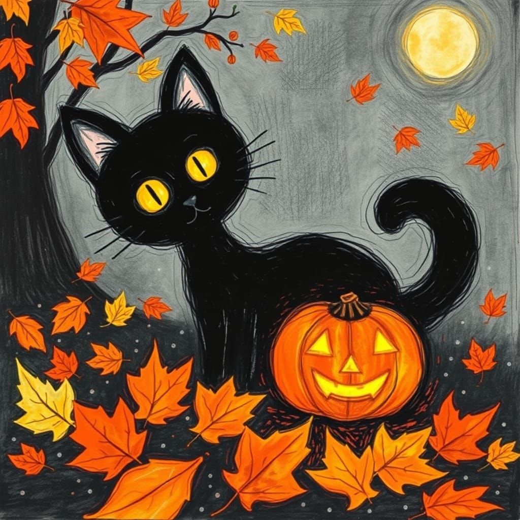 Whimsical Black Cat in Surreal Autumn Landscape