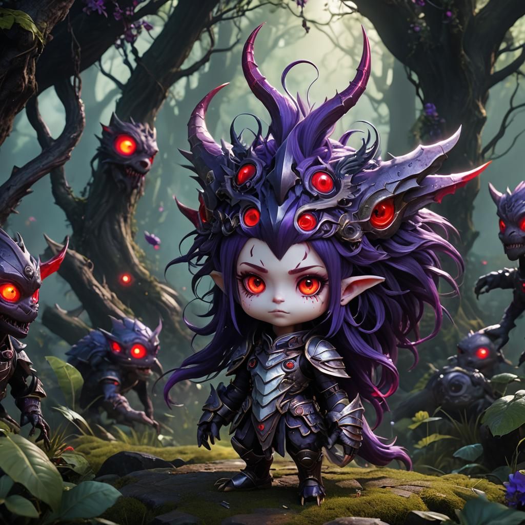 Cute Creature with Purple Hair and Red Eyes