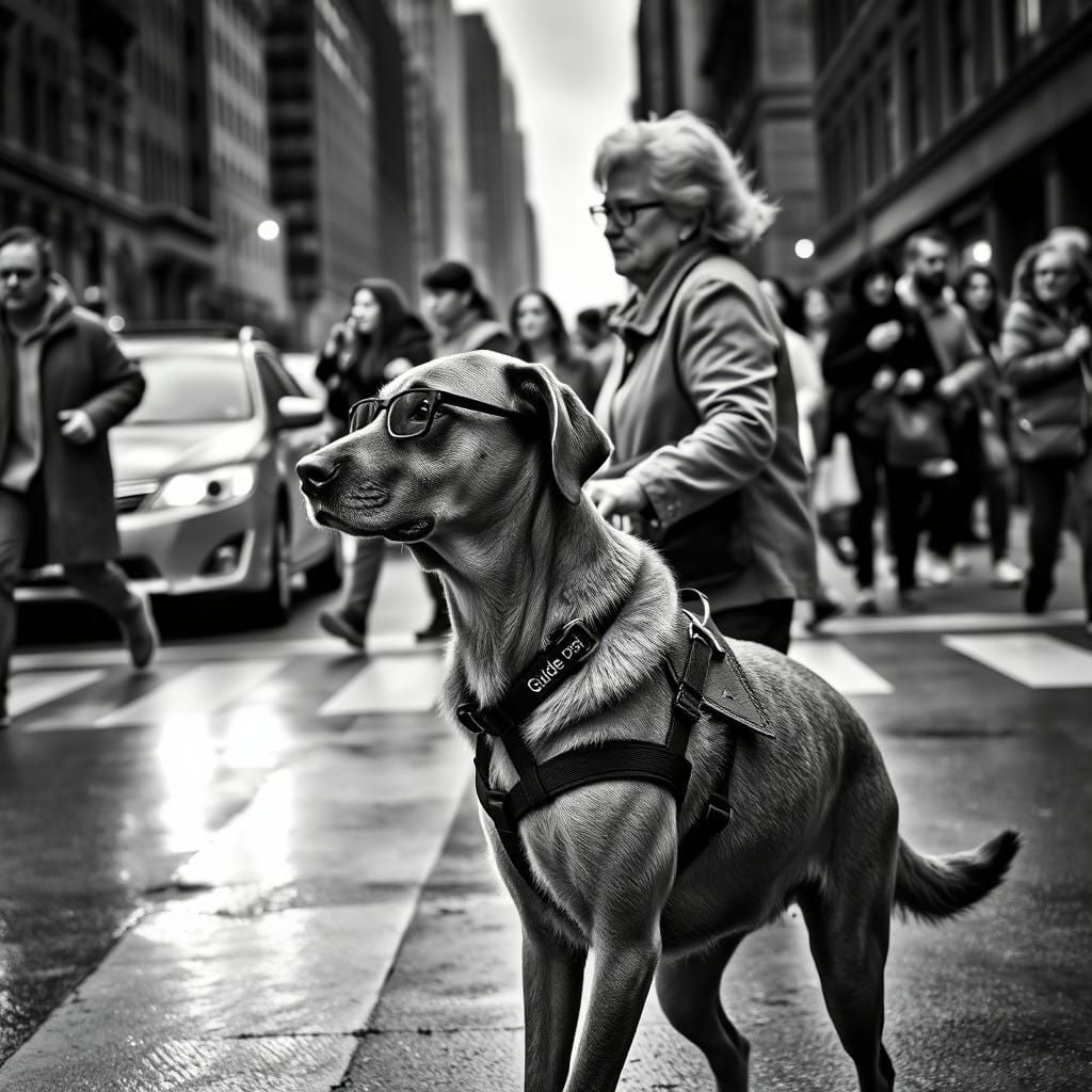 Hyperrealistic Black and White Guide Dog Portrait