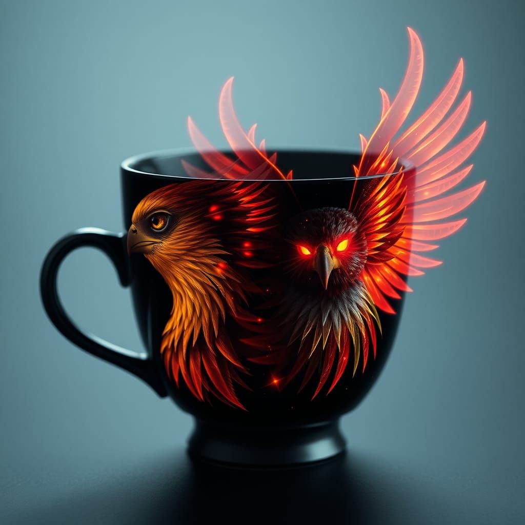 Double Exposure Phoenix Teacup with Digital Glitch Effect