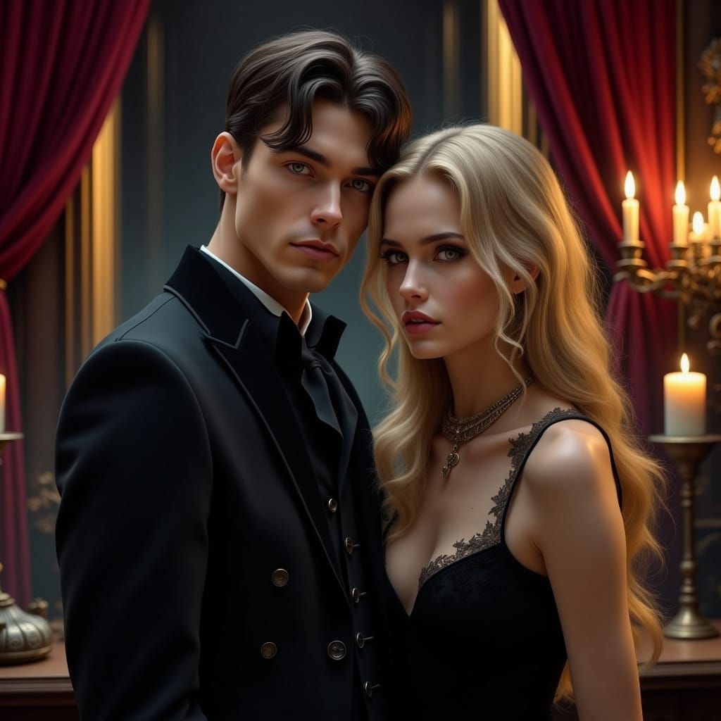 Mysterious Vampire Couple in Candlelit Victorian Setting