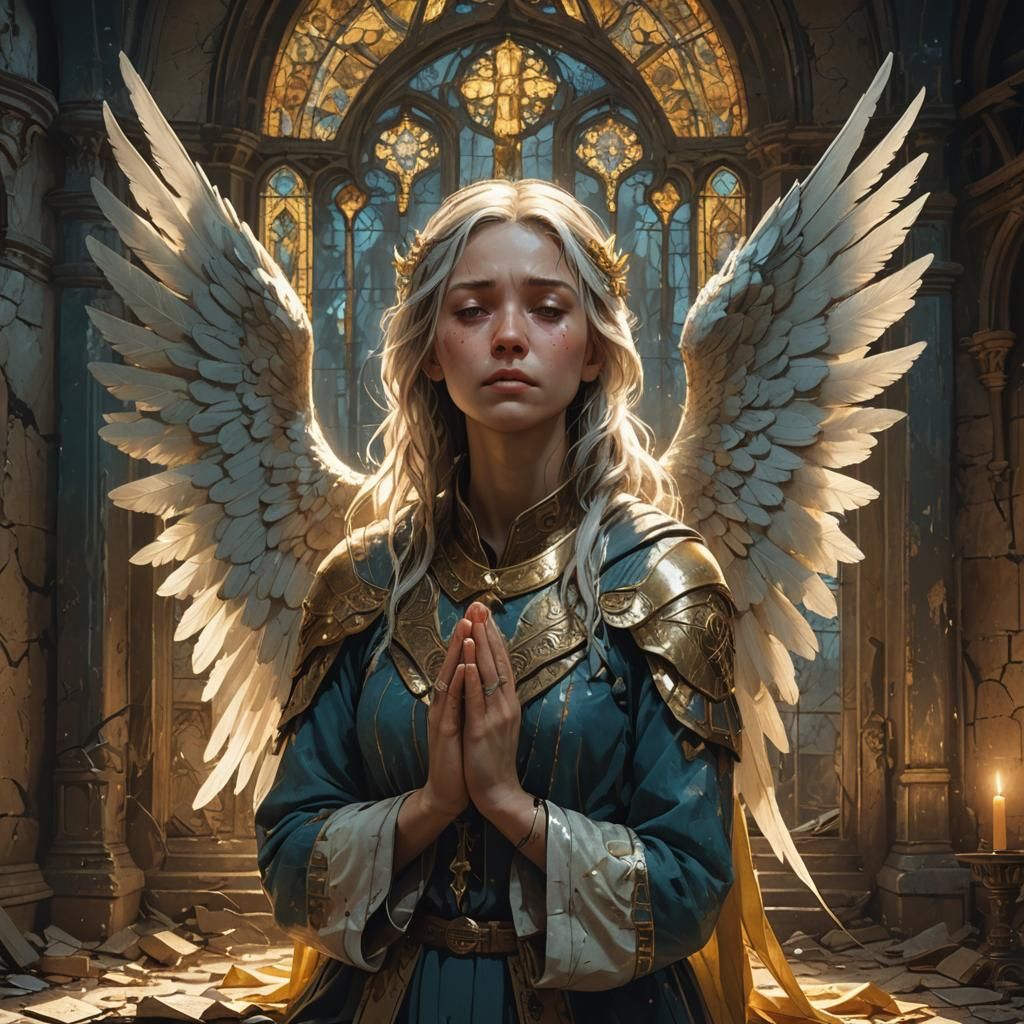 Aasimar Crying in Chapel: Fantasy Art