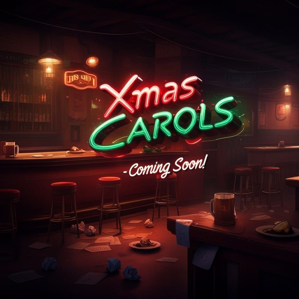 Neon Typography on Rustic Pub Scene in Cyberpunk Style