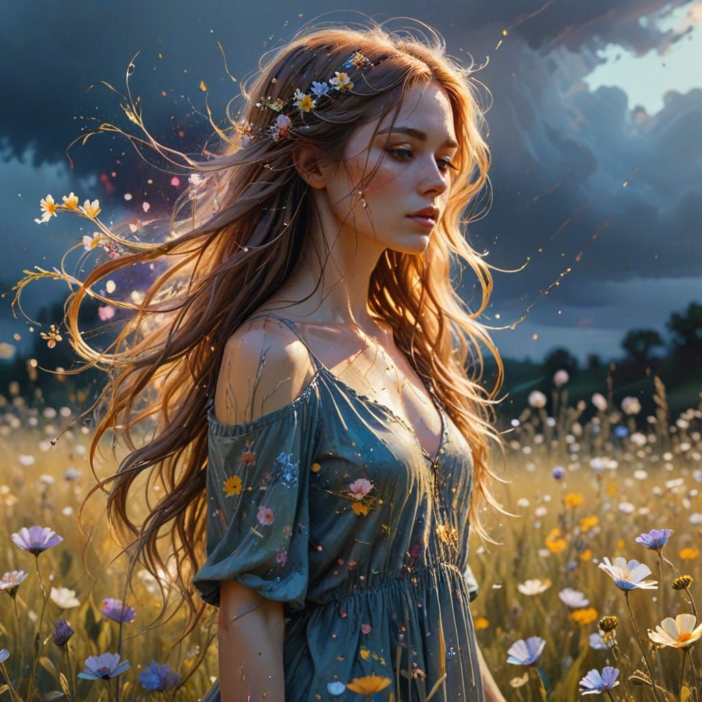 Ethereal Girl in Flower Field With Iridescent Drips