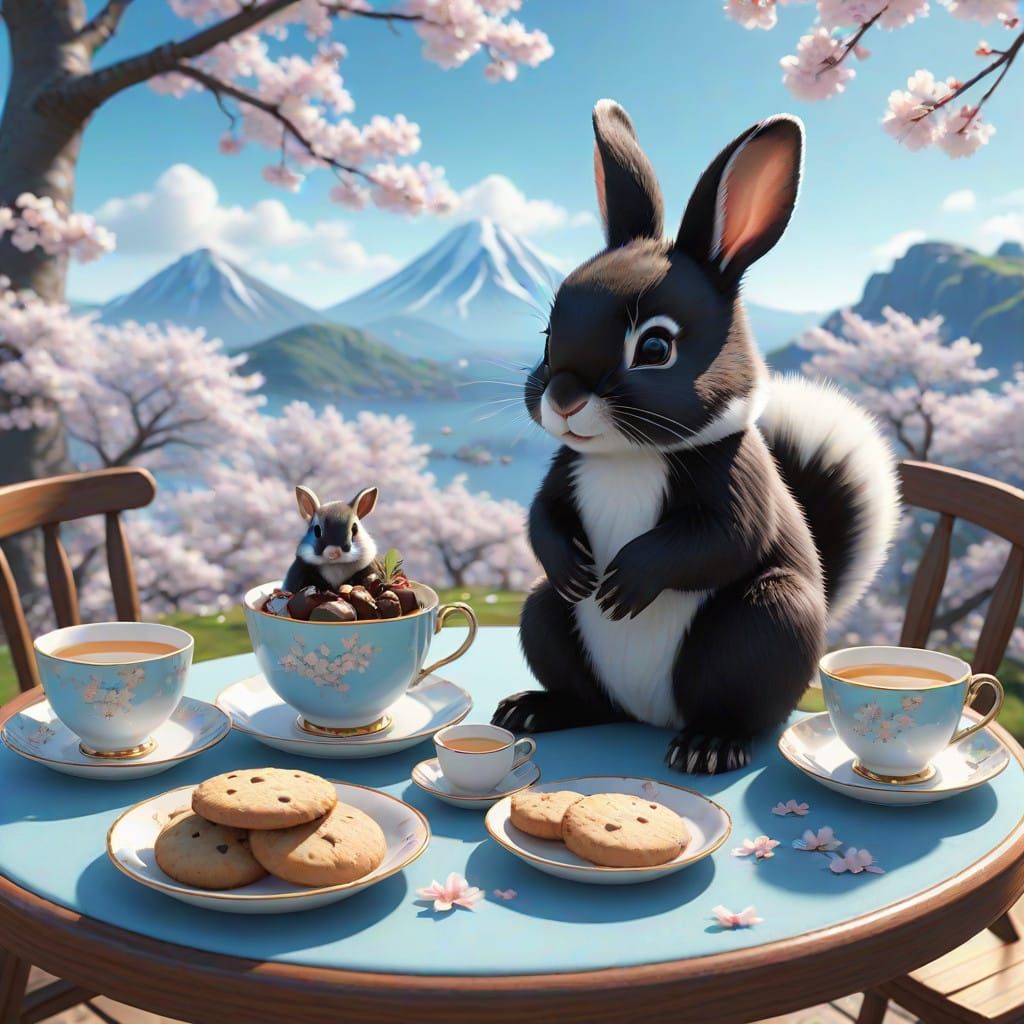 Cute Baby Skunk and Rabbit at a Springtime Tea Party