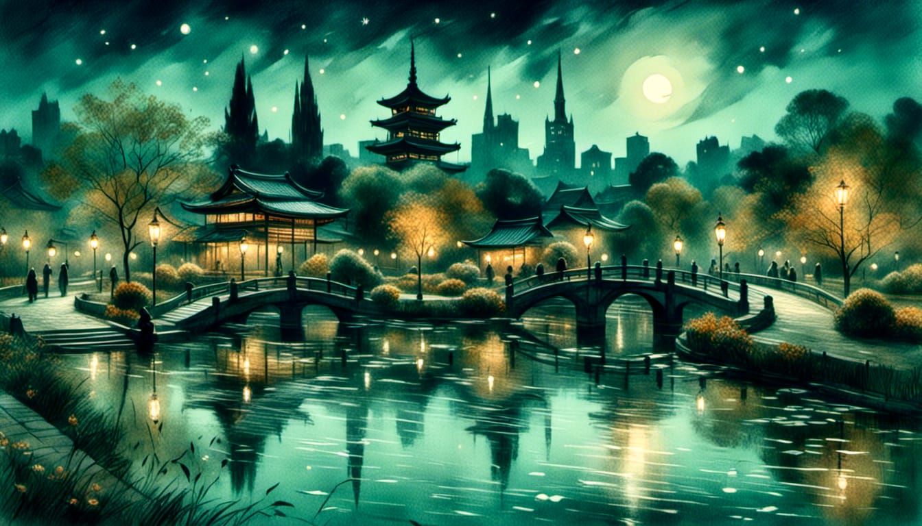 Dreamy Nocturnal Park Landscape in Watercolor Style