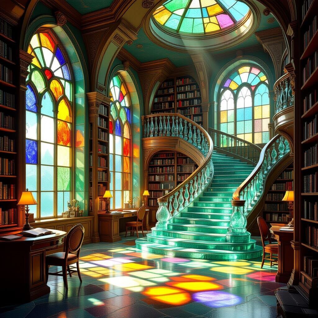 Sea Glass Library Interior with Magical Realism Style