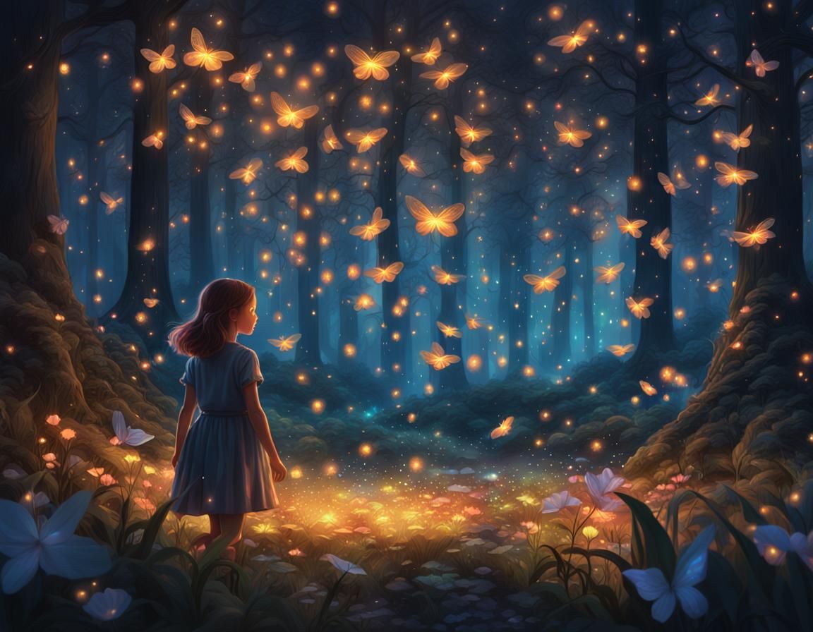 Girl in Forest with Fireflies: Matte Painting