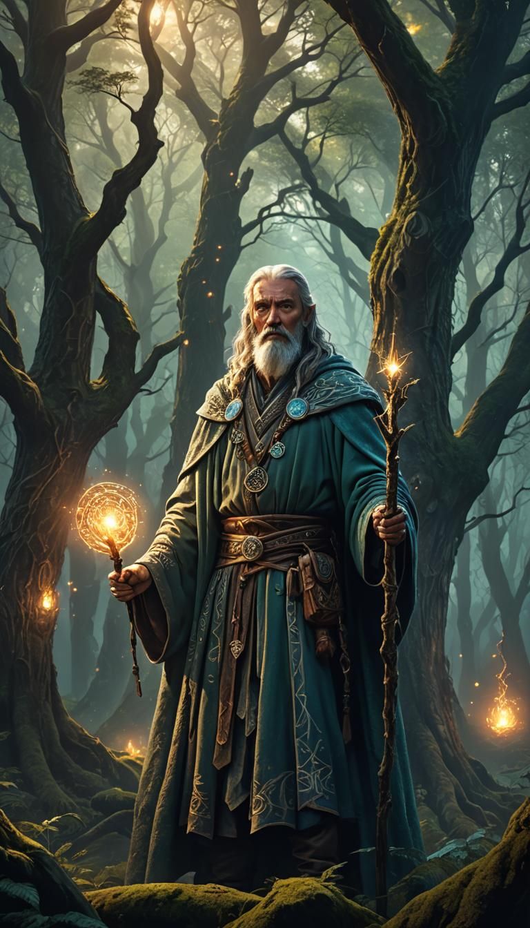 Eldric the Sage in Mystical Forest, Fantasy Art