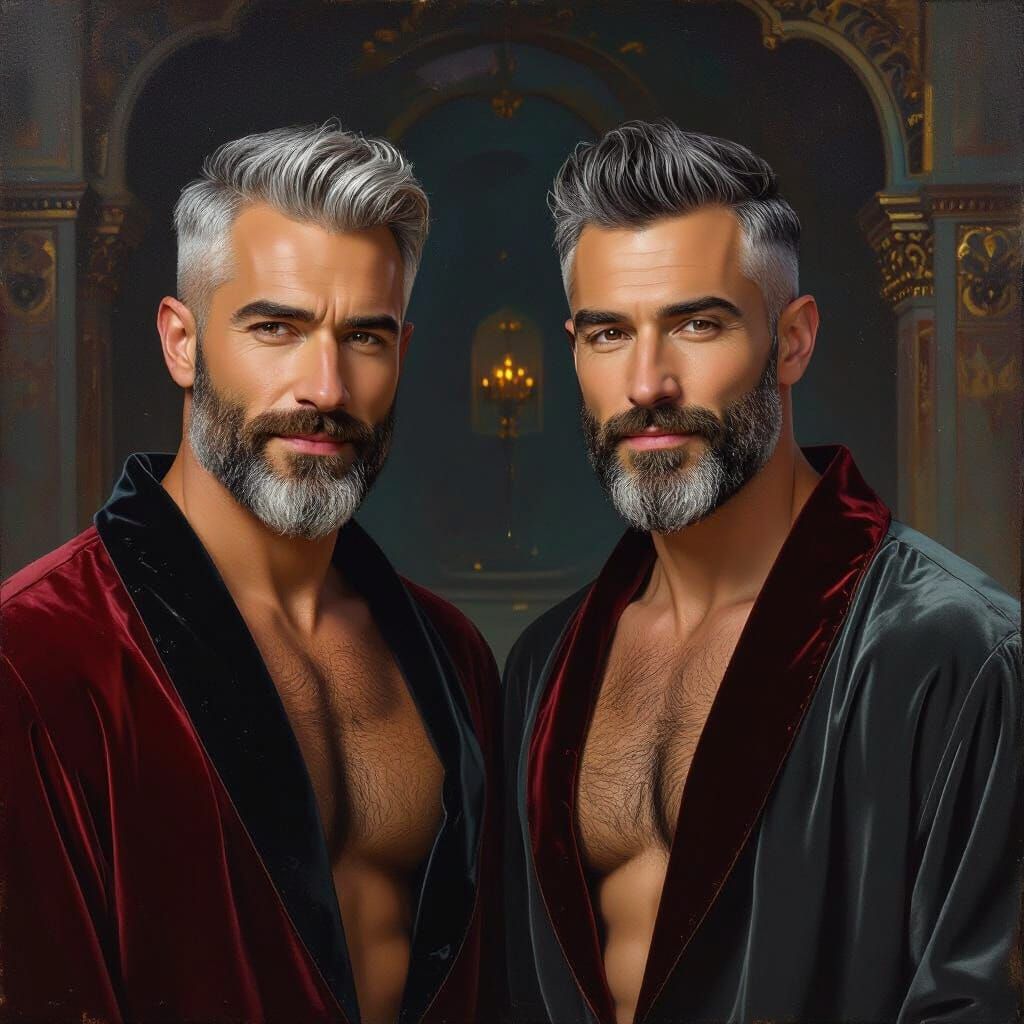 Handsome Men in Velvet Robes, Neo-Impressionist Style