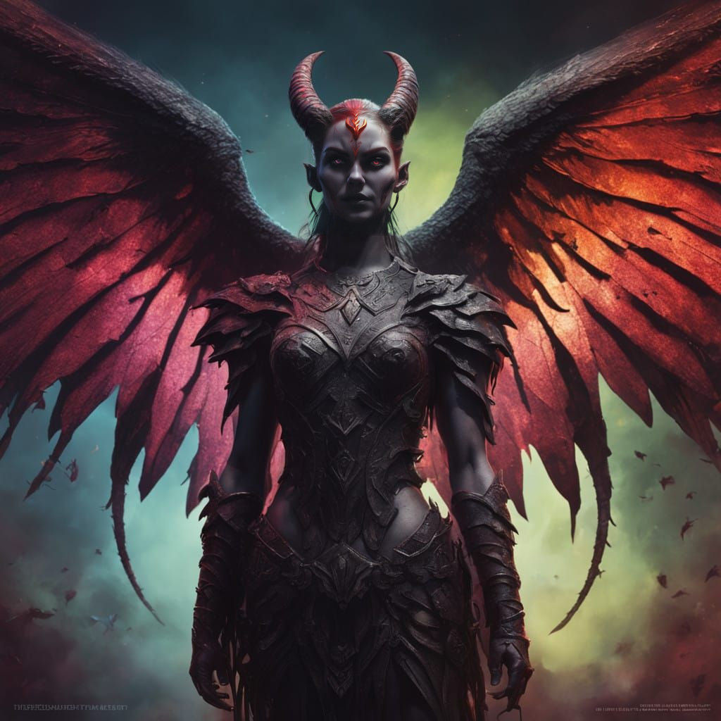 Fierce Demon Goddess in Dark Wings and Photo Realistic Style