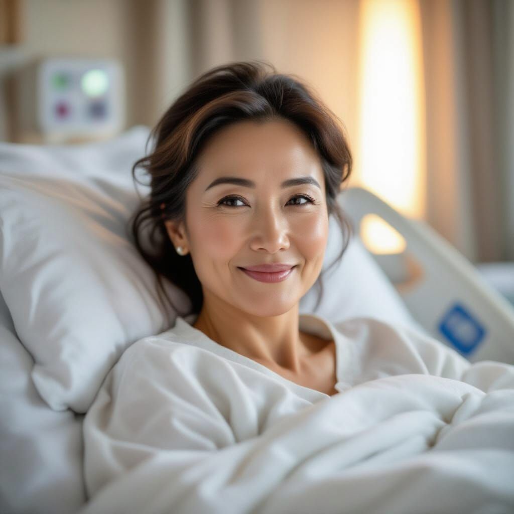 Hopeful Asian Woman in Hospital Bed