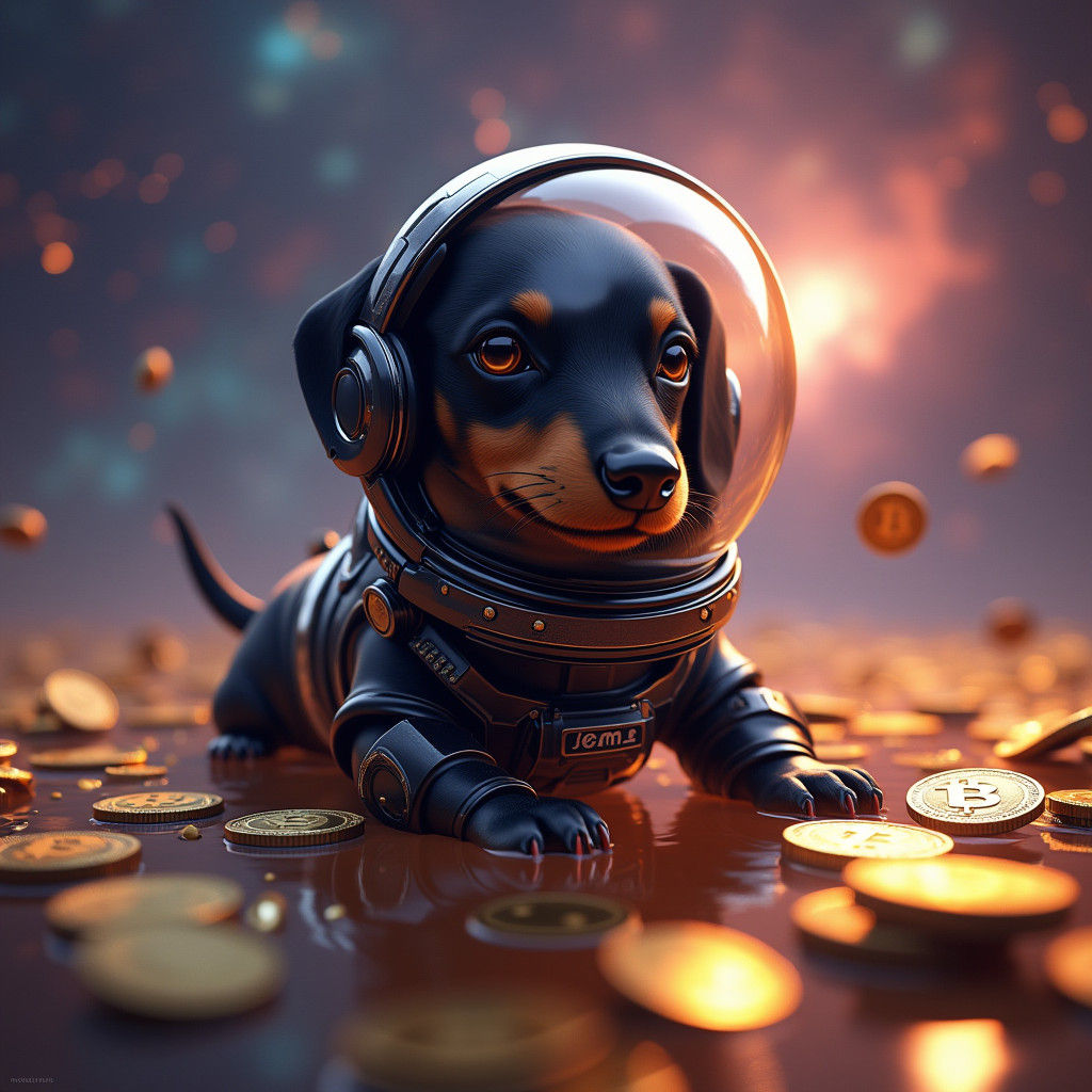 Dachshund in Spacesuit Swimming in Bitcoin Sea