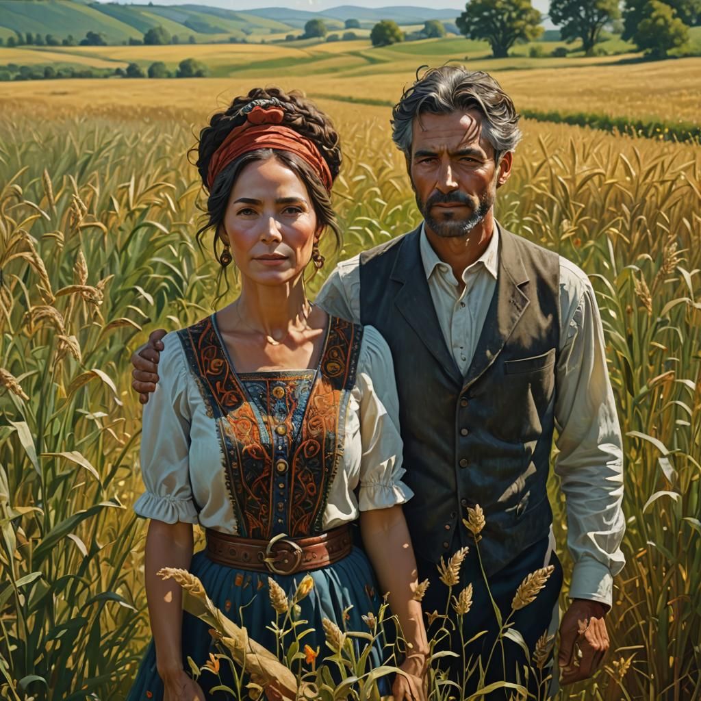 Hyperrealistic Painting: Man and Wife in Sunny Field