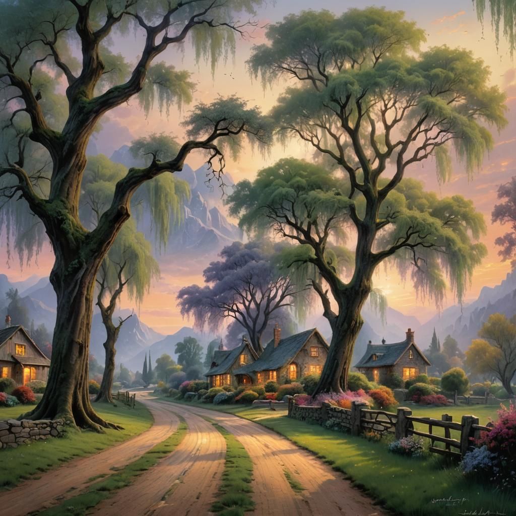 Valley Road with Weeping Willows at Sunset