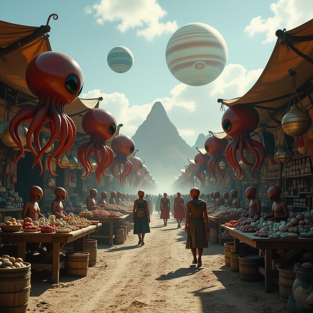 Alien Market with Floating Stalls and Grotesque Goods