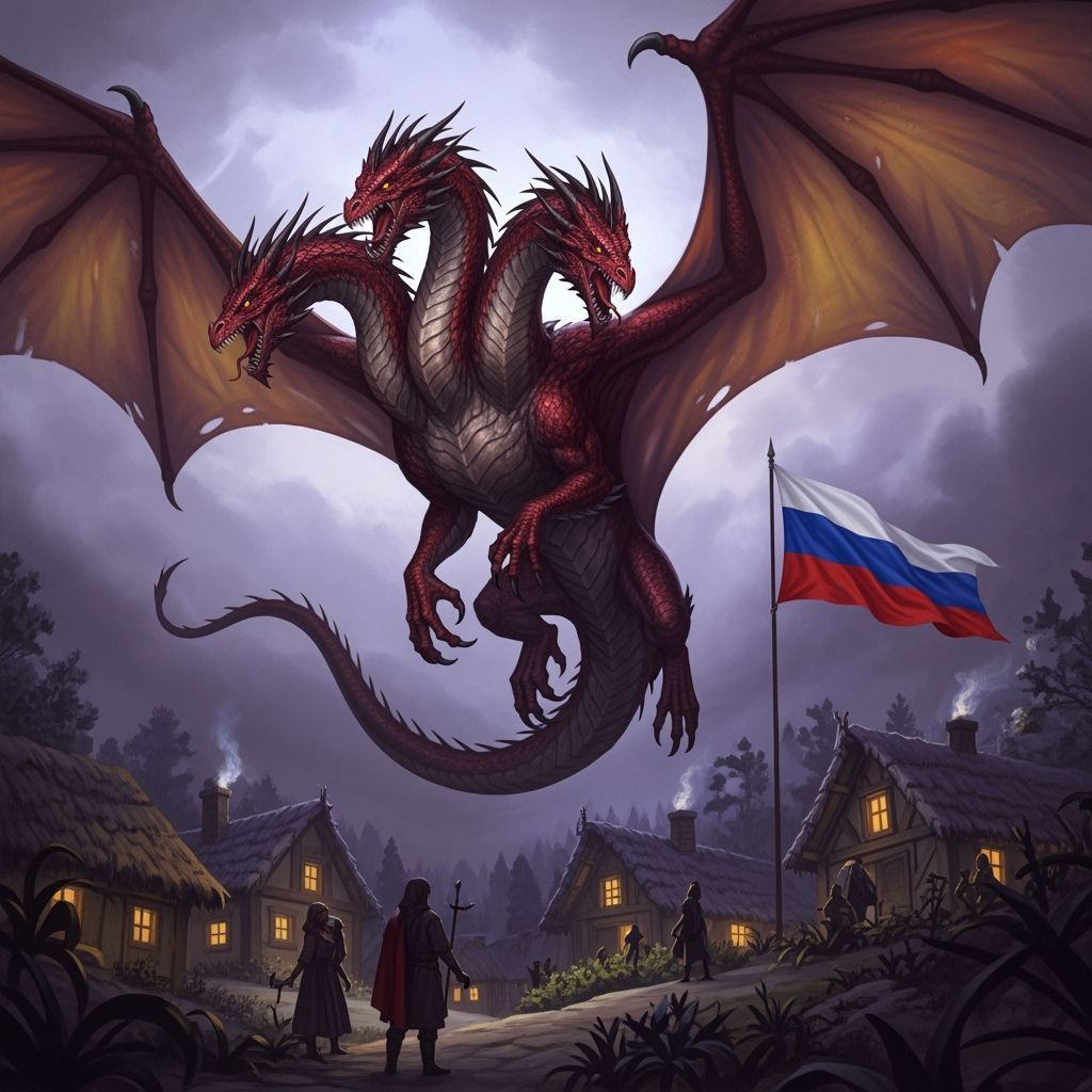 Three-Headed Red Dragon Protects Village in Flight