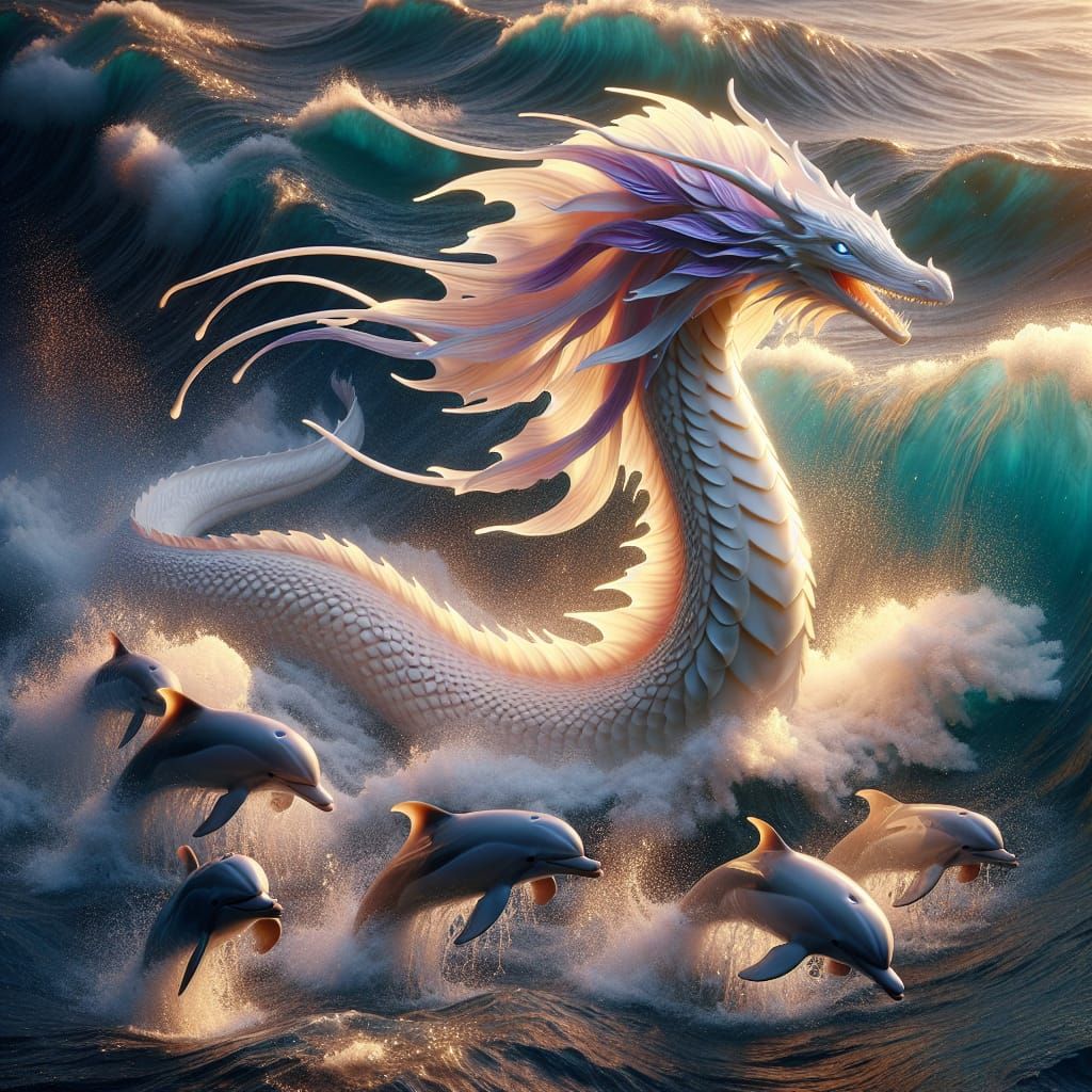 Elegant Sea Serpent-Dragon with Dolphins