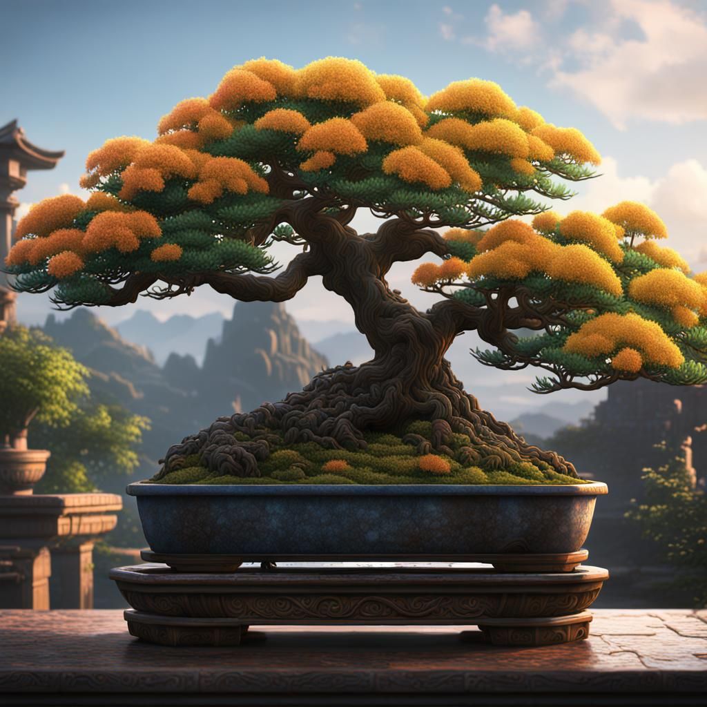 Mimosa Flower Bonsai in Detailed Matte Painting