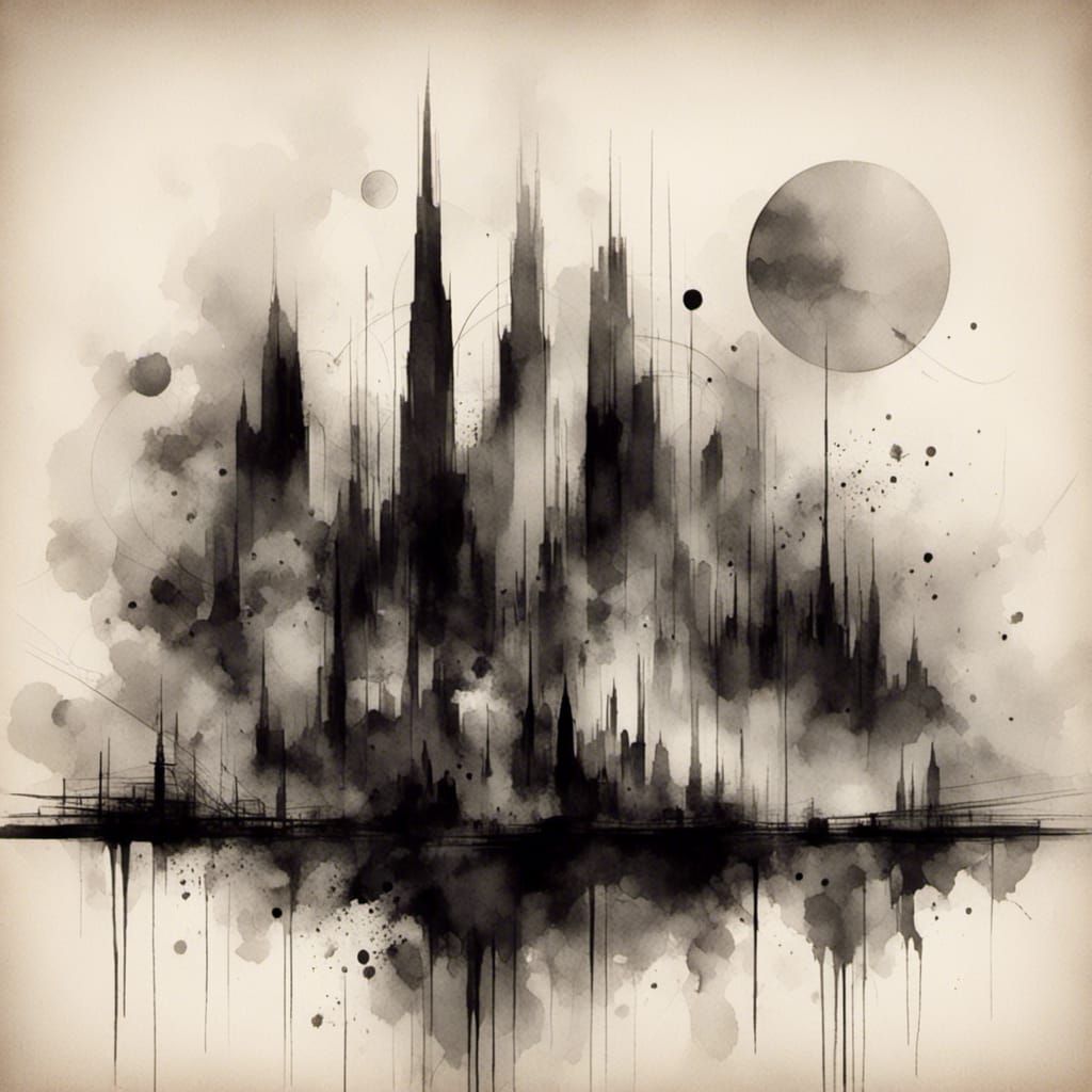 Surreal Cityscape with Charcoal and Ink Details