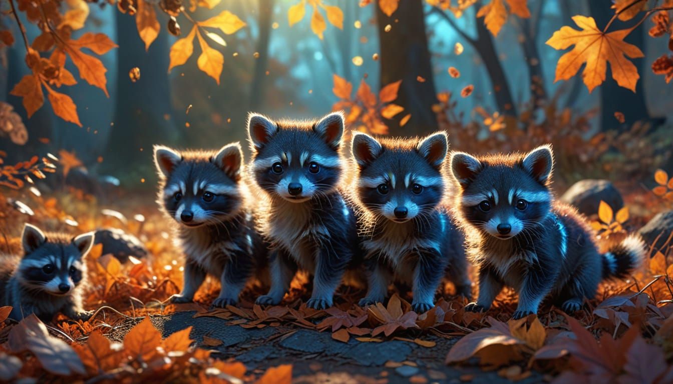 Cute Puppies And Raccoon Babies Play In Autumn Leaves
