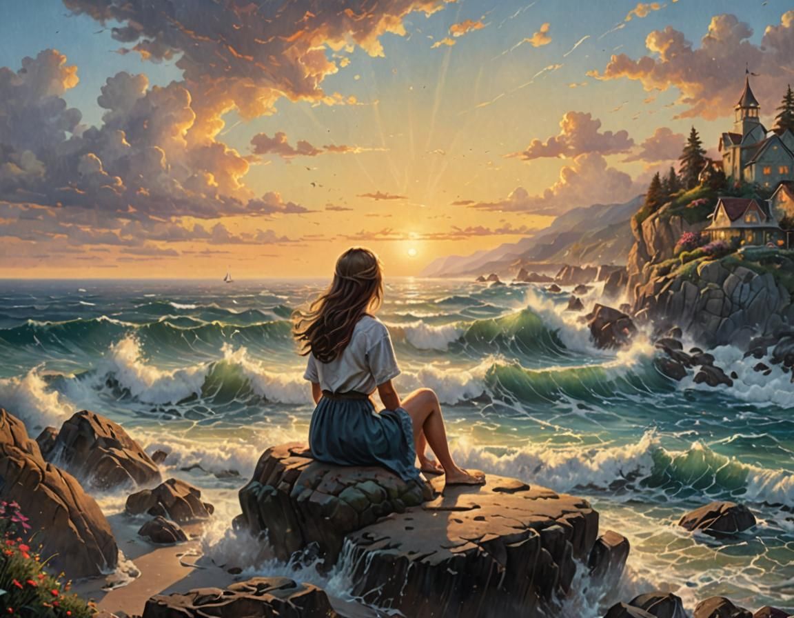 Teenage Girl Enjoys Sunset on Rocky Beach