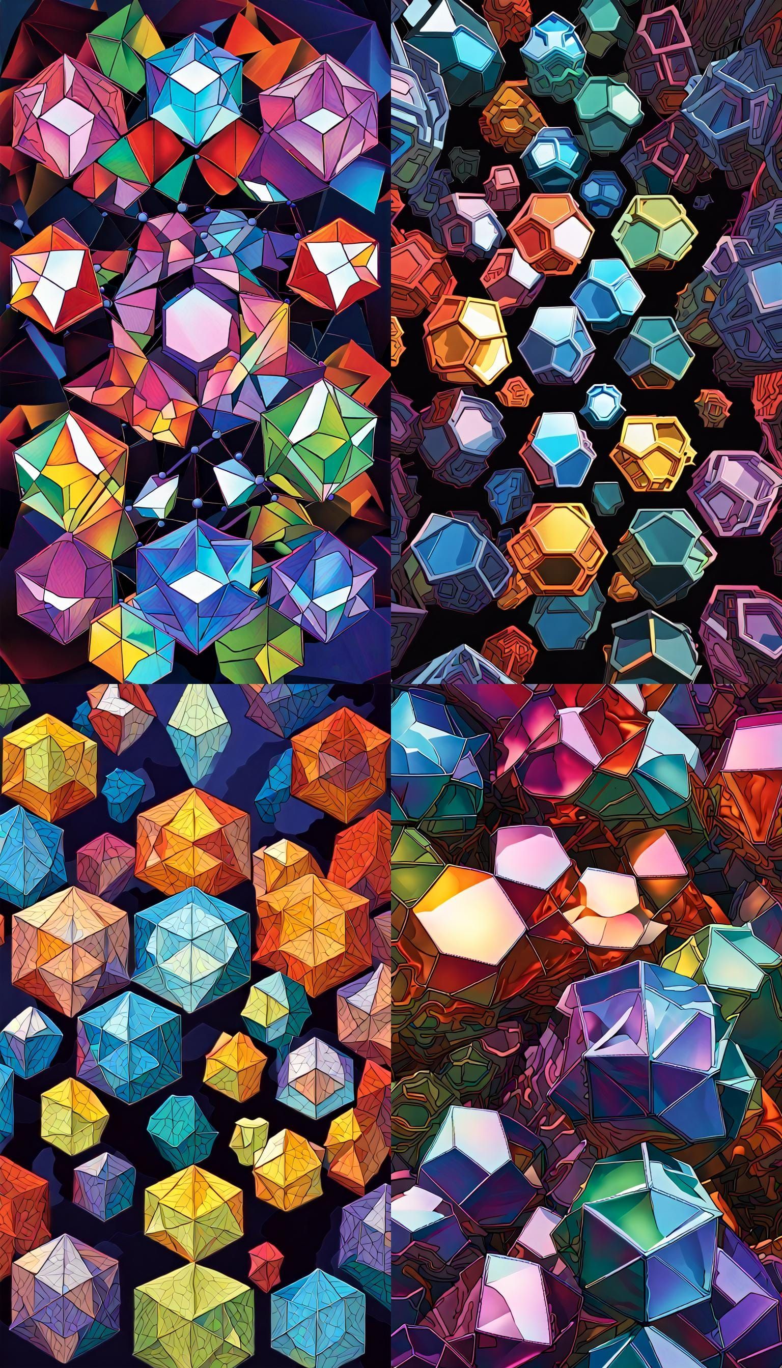 Four Crystalline Matrixes in Psychedelic 3D Illustration