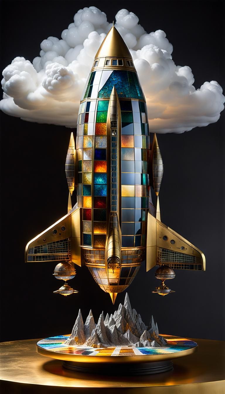 Whimsical Glass Spaceship Ascending on Glass Clouds