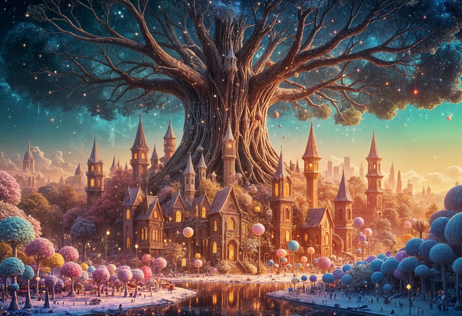 Whimsical Candy Metropolis Beneath Celestial Tree
