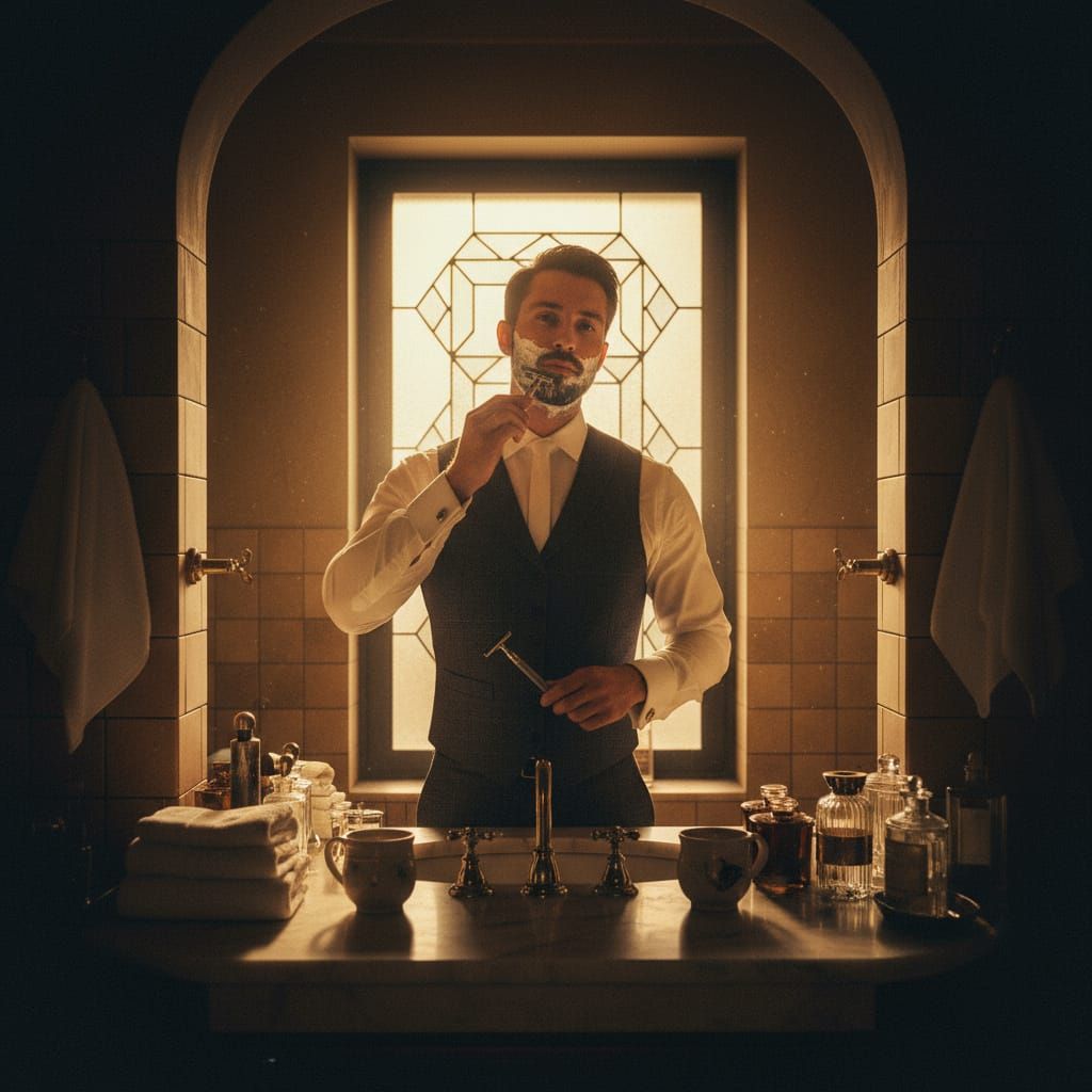 Man Shaving in a Bathroom with Cinematic Golden Tones
