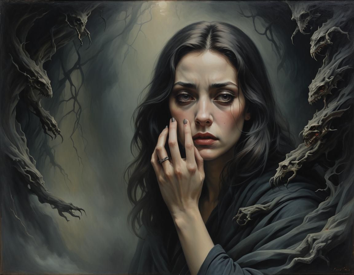 Melancholic Woman in Fog: Surreal Oil Painting