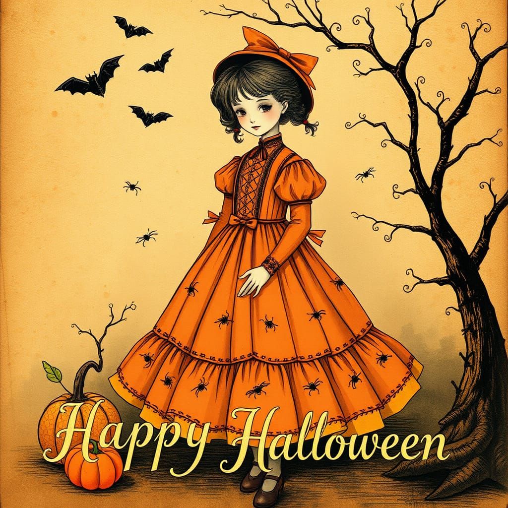 Victorian Halloween Card with Girl in Orange Dress