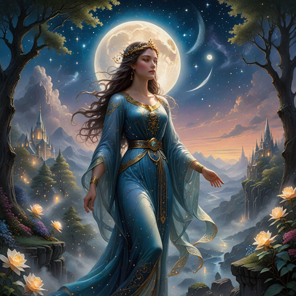 Ethereal Goddess of the Moon Radiates Wisdom in Shimmering L...