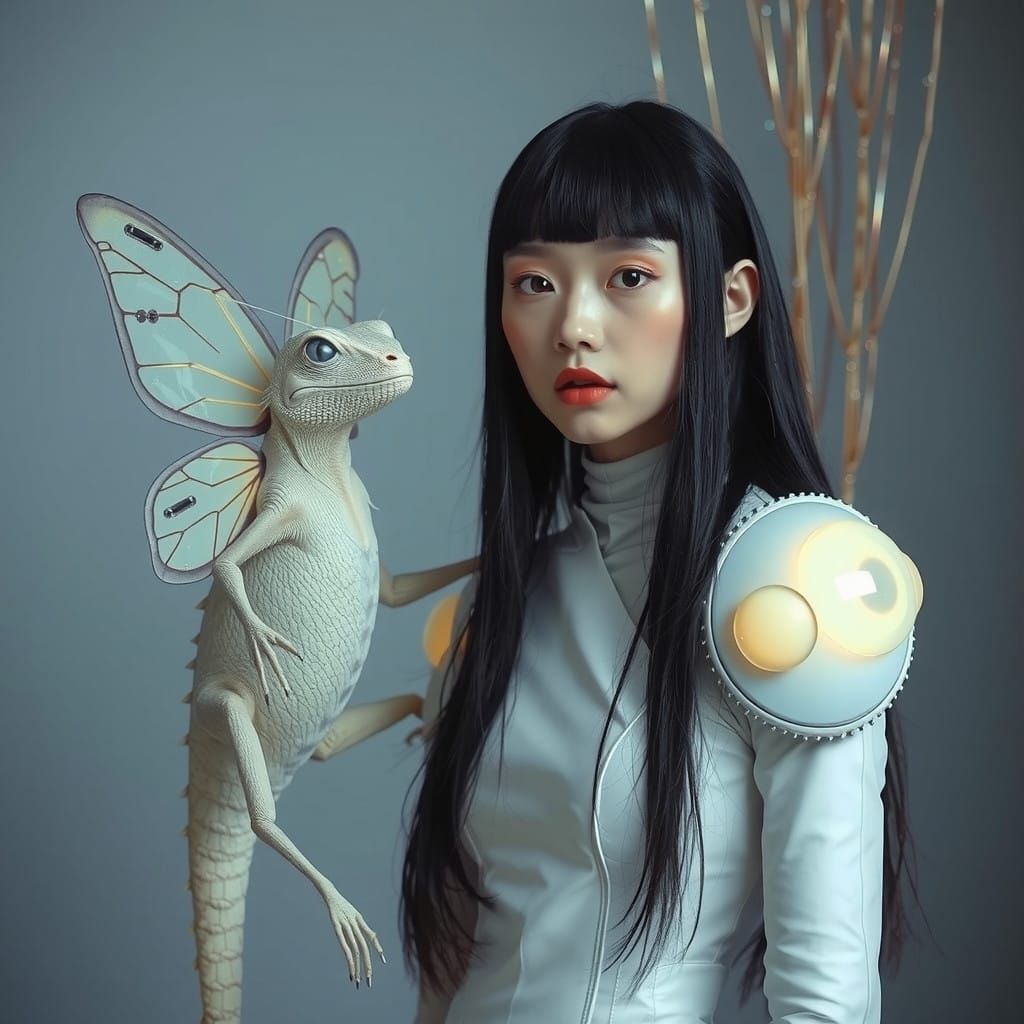 Ethereal Woman with Lunar Lizard in Surreal Dreamscape