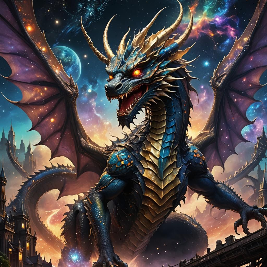 Cosmic Dragon with Shimmering Scales, Digital Matte Painting