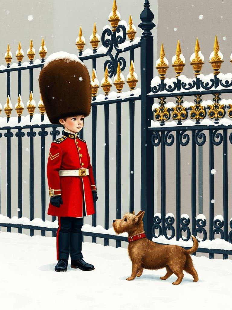 Sad Royal Guard and Dog in Snow Children's Book Style