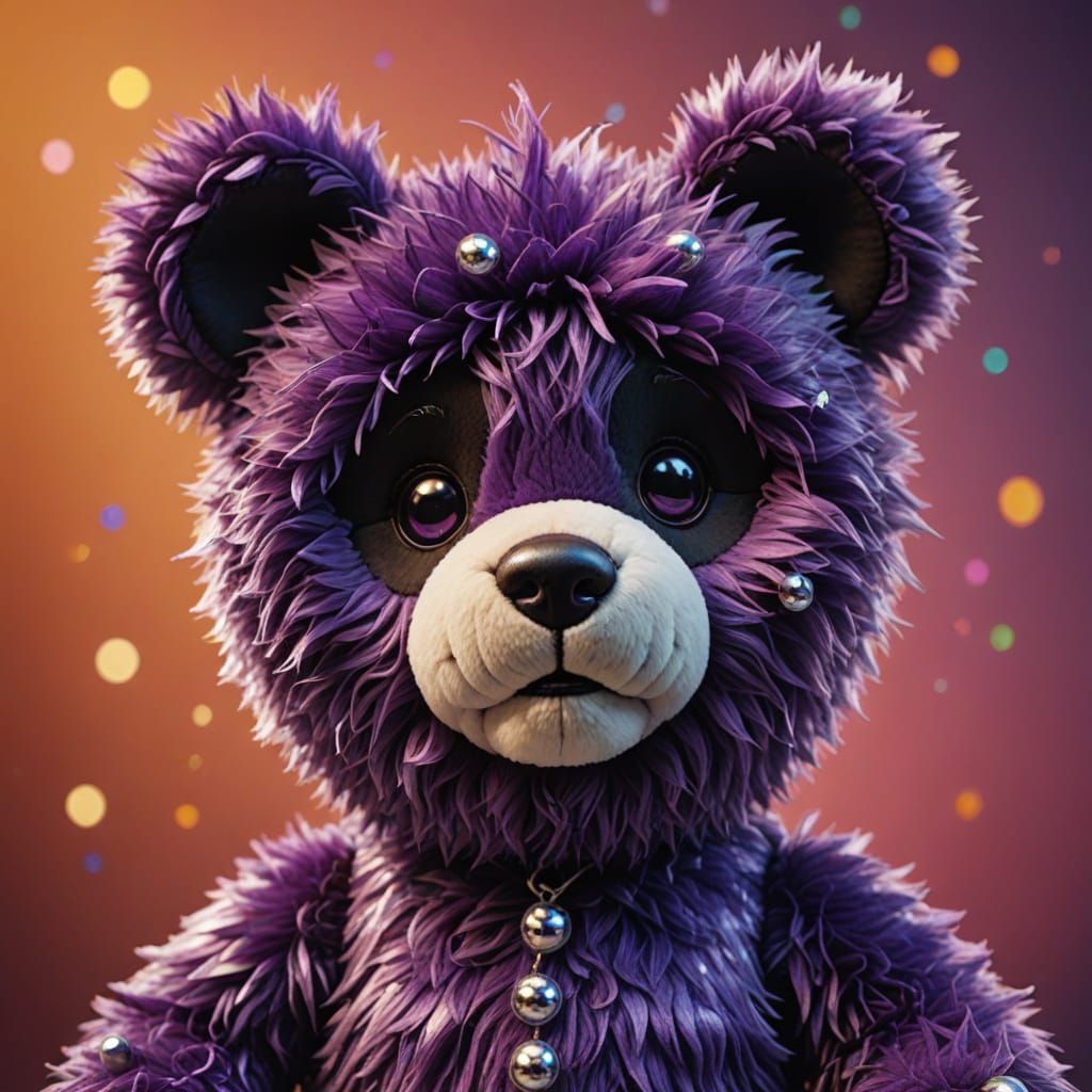 Surreal Hyperrealistic Teddy Bear Wears Jester's Cap in Vibr...