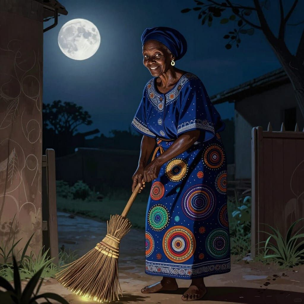 African Folklore Illustration of Lady Sweeping Under Moonlig...