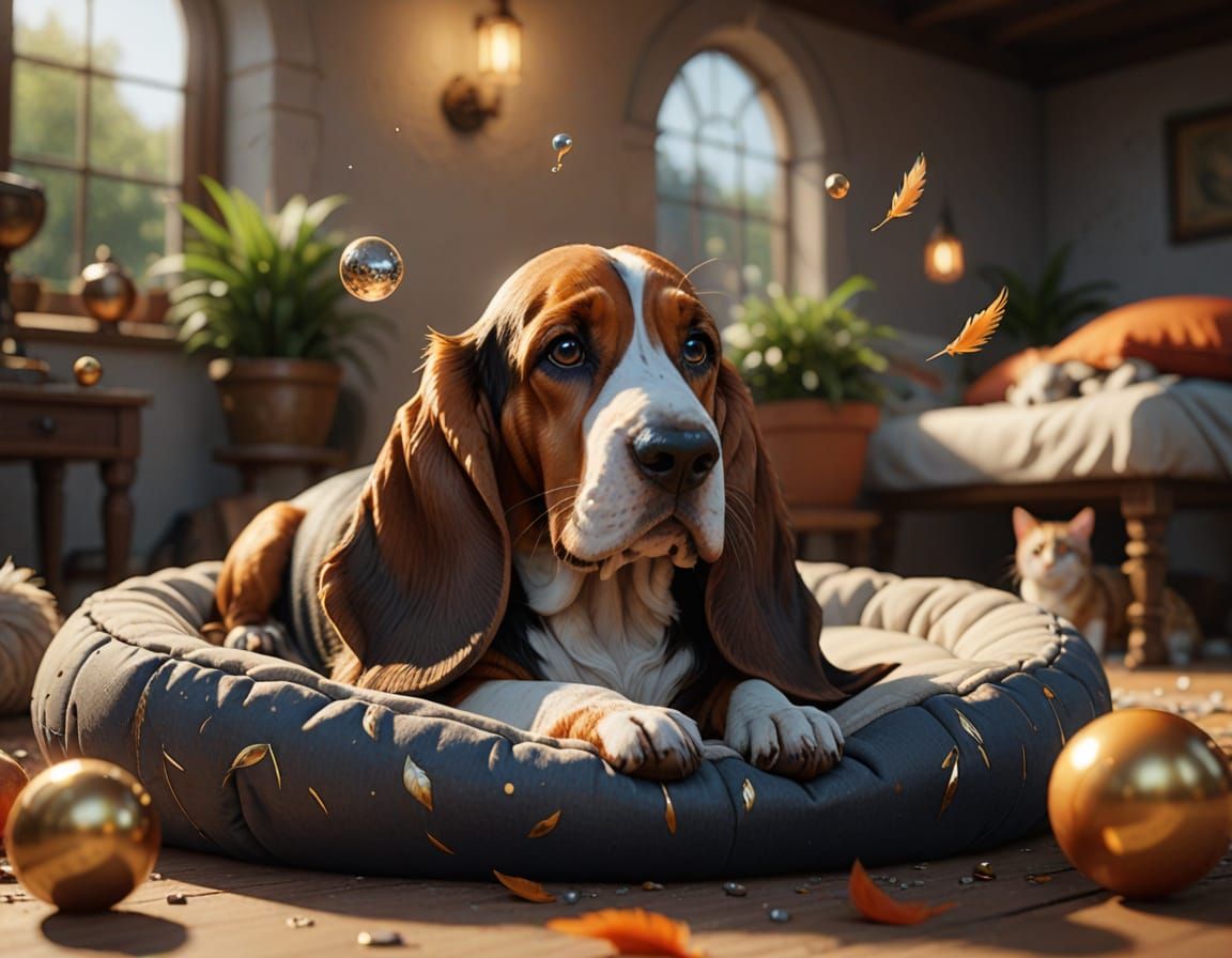 Basset Hound and Kitten Play in Dreamy Golden Hour Light