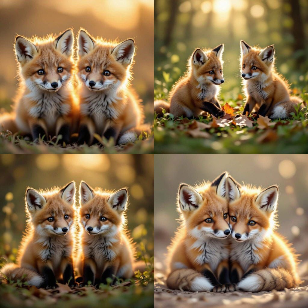 Two Realistic Baby Foxes in Detailed Photographic Style