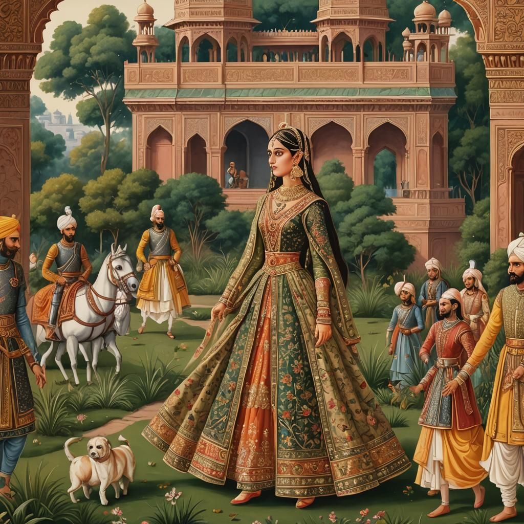 Indian Princess in Palace Garden: Mughal Miniature