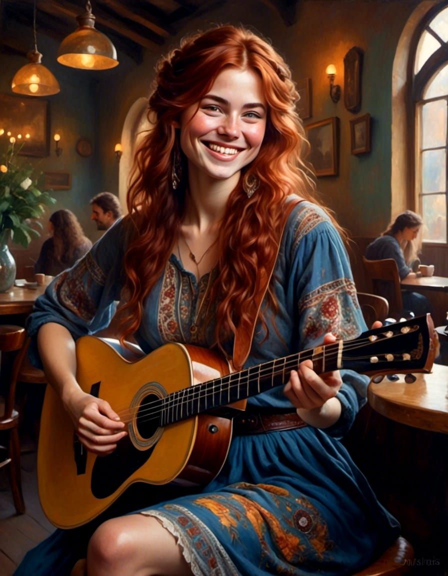 Joyful Auburn-Haired Woman Playing Guitar