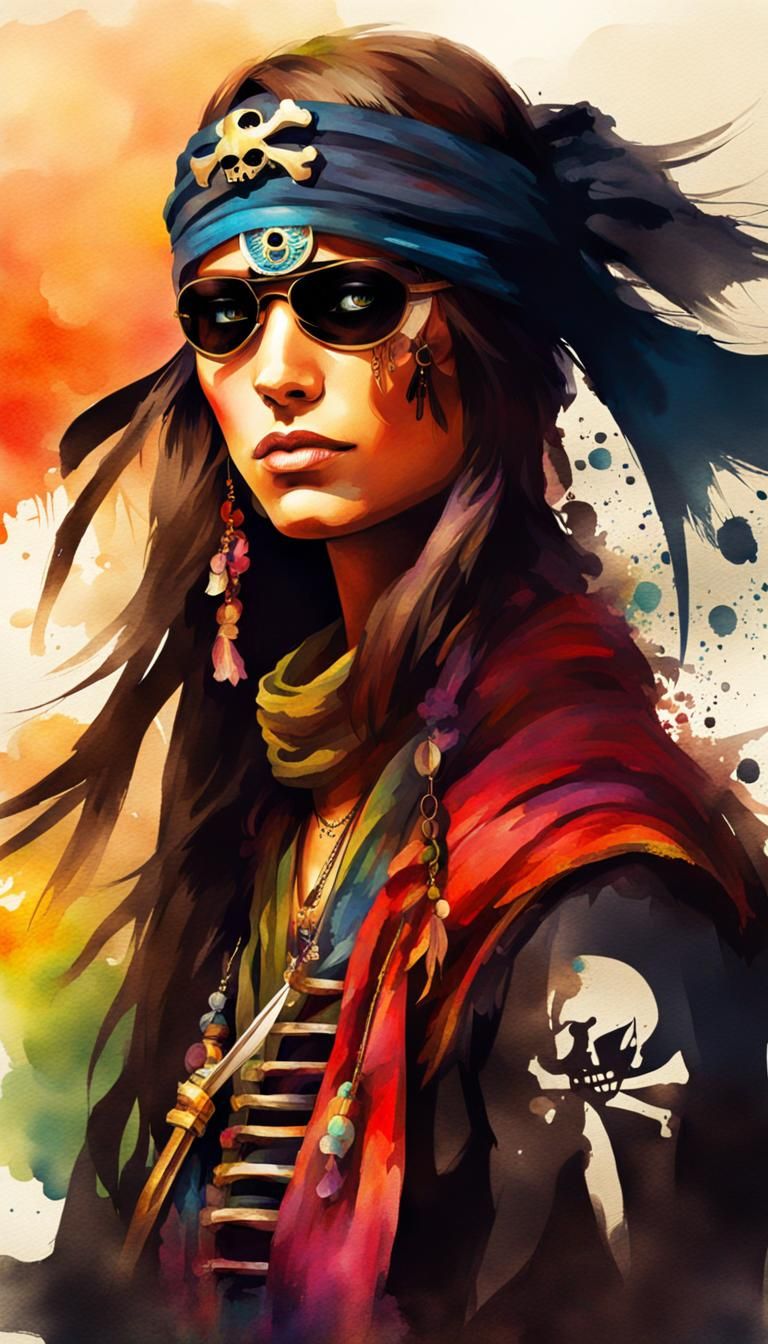 Hippie-Ninja-Pirate Woman Fusion in Digital Watercolor