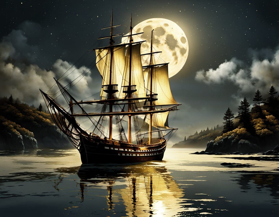 Sailing Ship in Moonlit Bay: Wyeth Style