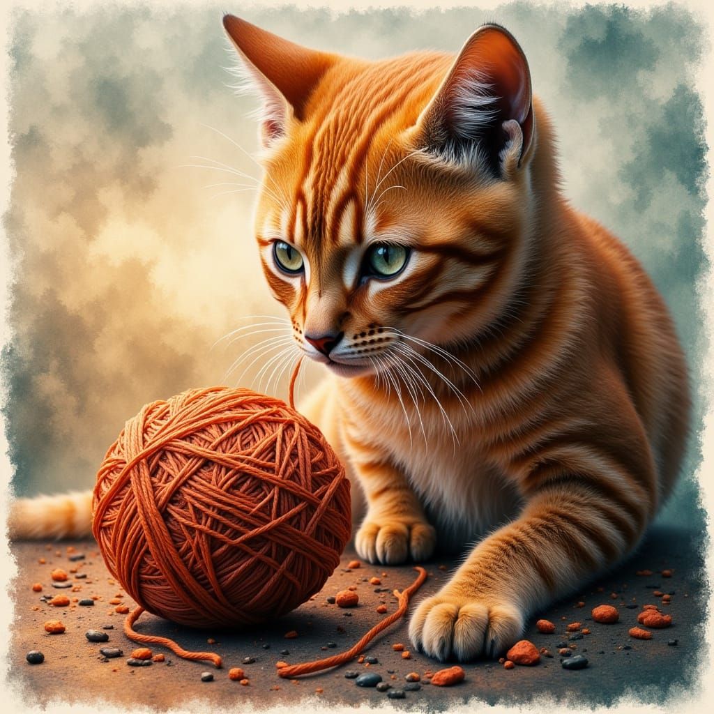 Fire Red Cat with Yarn in Monotype Print Style