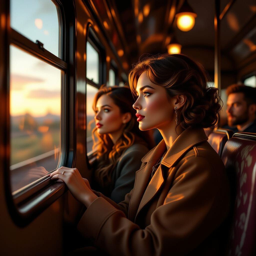 Passengers Gaze Out Train Window in Warm Tones
